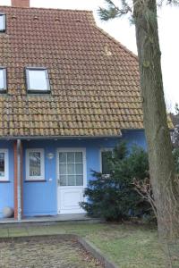奥茨塞巴德·迪尔哈根"Achtern Diek" Doppelhaushälfte的白色门和一棵树的蓝色房子