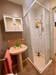 利斯本Central Lisburn Duplex Apartment Siren Stays的带淋浴和盥洗盆的浴室