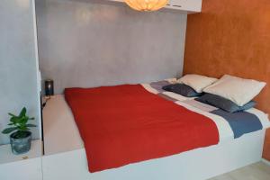 坦佩雷The Cutest Studio in Central Tampere的一间卧室配有一张带红色毯子的大床