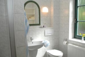 Neu KlockenhagenFerienwohnung "Lübeck"的一间带水槽、卫生间和镜子的浴室