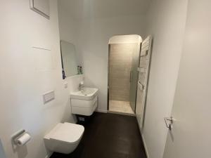 柏林Friedrichshain Apartment的白色的浴室设有卫生间和水槽。
