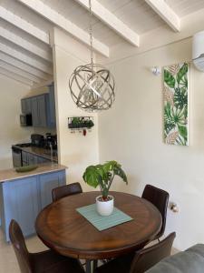 曼米湾Tropix Villa的一间设有木桌和盆栽的用餐室