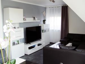 LotteLa Domus Premium的客厅配有黑色沙发和平面电视。