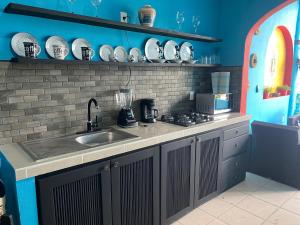 萨尤利塔Departamento Chepe的厨房配有水槽和带搅拌机的台面