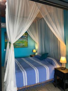 萨尤利塔Departamento Chepe的蓝色卧室,配有一张带天蓬的床