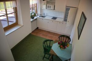 贝希特斯加登阿尔潘伯格扎伯酒店的小厨房配有桌椅和水槽