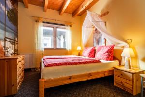格洛米茨Haus Paul的一间卧室配有一张带红色枕头的床和一扇窗户