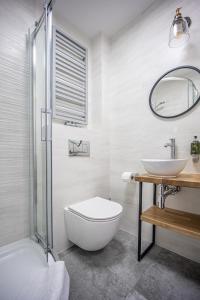 奥斯特罗达Sajmino Family House的一间带水槽、卫生间和镜子的浴室