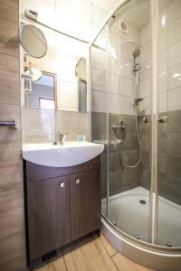 瓦多维采Aparthotel WADOWICE & Hostel GENERY的一间带水槽和淋浴的浴室