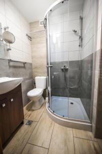 瓦多维采Aparthotel WADOWICE & Hostel GENERY的带淋浴、卫生间和盥洗盆的浴室