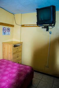 拉塔昆加La Posada Del Viajero的卧室配有壁挂式电视和紫色床