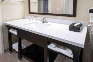 弗雷斯诺弗雷斯诺河滨公园舒适套房酒店的浴室配有盥洗盆、镜子和毛巾
