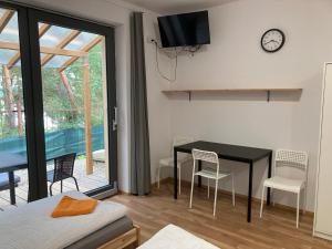RačiceKuK Račice - mini apartman的客房设有桌椅和窗户。