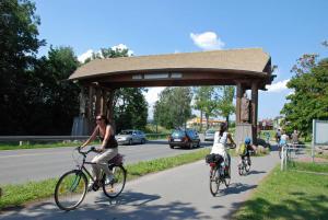 巴贝Villa Waldblick in Baabe的两名妇女骑着自行车沿着公路行驶