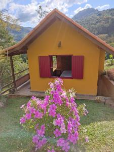 卢米亚Canto da Colina Lumiar的前面有粉红色花的小黄色房子