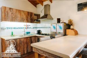 埃尔卡内洛Cabaña Andes的厨房配有木制橱柜和台面