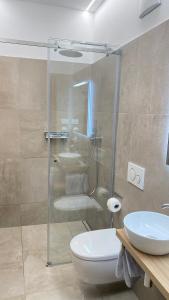 奥拉Villa Vera的带淋浴、卫生间和盥洗盆的浴室