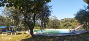 Matraiala stanza del sole的一个带滑梯和椅子的游泳池以及一棵树
