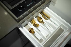 埃拉特Orel suite的抽屉,带餐具和盘子,金叉和刀具