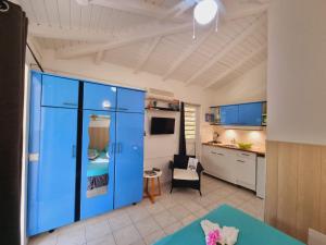 路易港Gites Kaladja的一间带蓝色橱柜的客厅和一间厨房