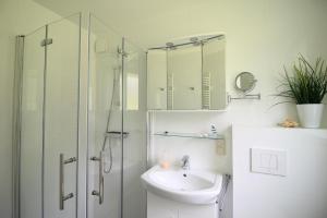 欧巴德伍斯图Reethaus Ostseestrand 15的白色的浴室设有水槽和淋浴。