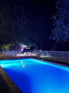 尚贝里Best Western Alexander Park Chambéry的夜间蓝色游泳池,设有围栏