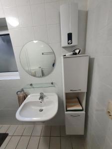 格罗尔斯泰因Eifel Ferienwohnung Dahmen的一间带水槽和镜子的浴室