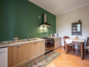 蒙卡尔沃Apartment Olivetta by Interhome的厨房设有绿色的墙壁、炉灶和桌子