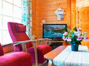 拉赫登佩拉耶拉佩霍奥斯托度假屋的客厅配有电视、2把椅子和1张桌子