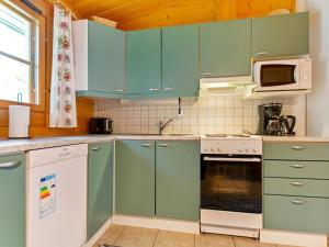 拉赫登佩拉耶拉佩霍奥斯托度假屋的厨房配有绿色橱柜和炉灶。 顶部烤箱
