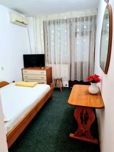 桑丹斯基Motel Thessaloniki的一间卧室配有一张床、一张桌子和一台电视