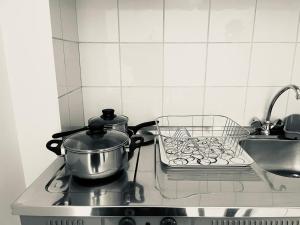 伊古迈尼察ALEKA KOTSI ROOMS的厨房里的锅和炉子上的 ⁇ 锅