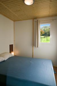 Sainte-Eulalie-dʼOltVillage de Gite - La Cascade的一间卧室设有蓝色的床和窗户。