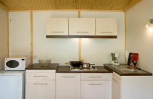 Sainte-Eulalie-dʼOltVillage de Gite - La Cascade的厨房配有白色橱柜和白色微波炉