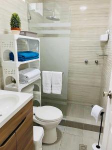 通苏帕Casa Tonsupa Club del Pacifico的白色的浴室设有卫生间和淋浴。