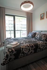 洛格沃Shellter Apartament Nadmorski的一间卧室设有一张床和一个大窗户