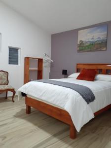 底拉斯卡拉ANBAROA VILLAS的一间卧室配有一张大床和一把椅子