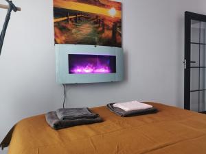 格但斯克Apartament przy Bursztynowym Stadionie的客房设有一张带两条毛巾的床和一台墙上的电视。