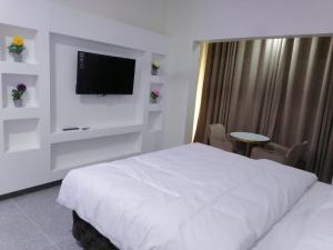 Ţarīfفندق زيلامسي的配有一张床和一台平面电视的酒店客房