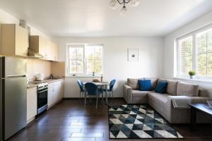 维尔纽斯3 Apartment Between Two Lakes的厨房以及带沙发和桌子的客厅。