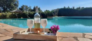 格里莫Villa des Delices的一瓶在泳池旁的盒子里的葡萄酒