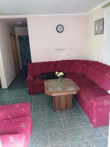鲍洛通费尼韦什Apartment Balatonfenyves/Balaton 18400的客厅里设有一张红色的沙发和一张桌子