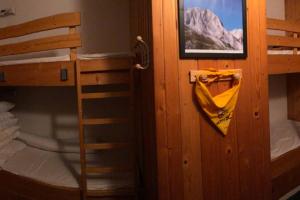 古雷特Le Skidoux 2*, au pied des pistes, vue montagne的一间设有双层床的客房和一扇带梯子的门