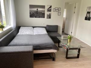 凯夫拉维克Sol apartment的一间卧室配有一张床和一张玻璃桌