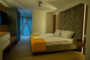 奥赫里德Villa Darki的一间卧室设有一张大床和一个大窗户