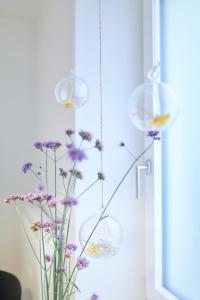 布雷根茨Rotes Haus Bregenz Garten Wohnung的花瓶,窗边装满鲜花