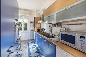 San Bernardino VerbanoCasa Vacanza Elena的蓝色的厨房配有水槽和微波炉