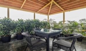 班加罗尔Treebo Tryst Raj Vista Global Village的种有植物的庭院里的桌椅