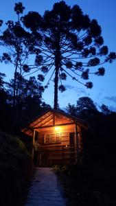 维奥康德马奥Chalés Canto do Pavão的小木屋,晚上有灯