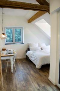 KerkenLandapartments Smitmans的一间卧室配有一张床、一张书桌和一个窗户。